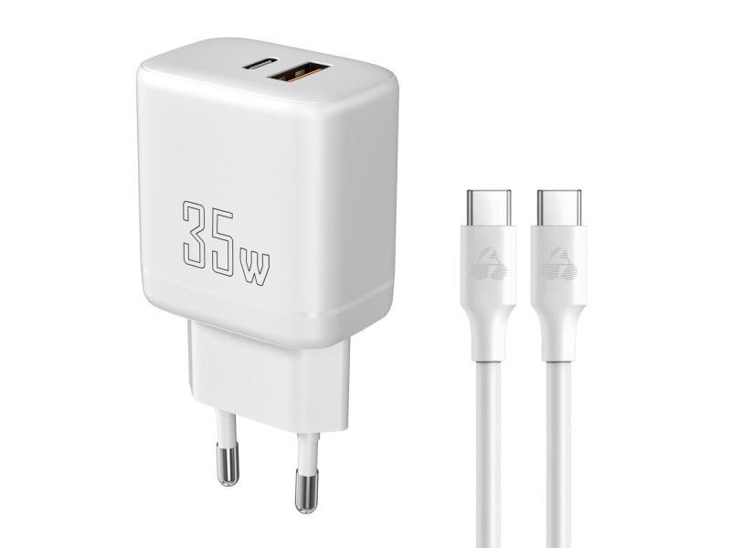 POWERTECH φορτιστής τοίχου PT-1179, καλώδιο, USB/USB-C, 35W, GaN, λευκός