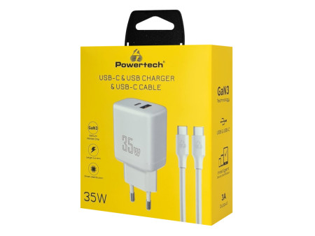 POWERTECH φορτιστής τοίχου PT-1179, καλώδιο, USB/USB-C, 35W, GaN, λευκός