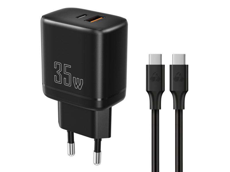 POWERTECH φορτιστής τοίχου PT-1180, καλώδιο, USB/USB-C, 35W, GaN, μαύρος