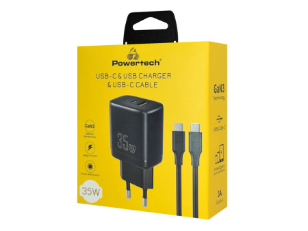 POWERTECH φορτιστής τοίχου PT-1180, καλώδιο, USB/USB-C, 35W, GaN, μαύρος