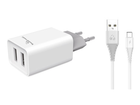 POWERTECH φορτιστής τοίχου PT-776 με καλώδιο USB-C, 2x USB, 2.1A, λευκό