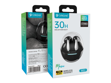 CELEBRAT earphones με θήκη φόρτισης W51, True Wireless, Φ13mm, μαύρα