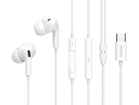 CELEBRAT earphones με μικρόφωνο E300, USB-C σύνδεση, Φ10mm, 1.2m, λευκά