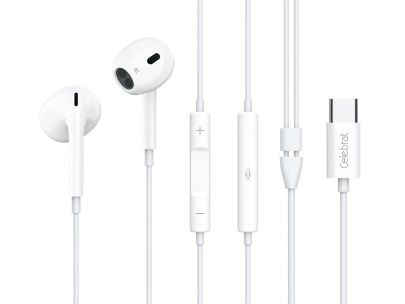 CELEBRAT earphones με μικρόφωνο E400, USB-C σύνδεση, Φ14mm, 1.2m, λευκά