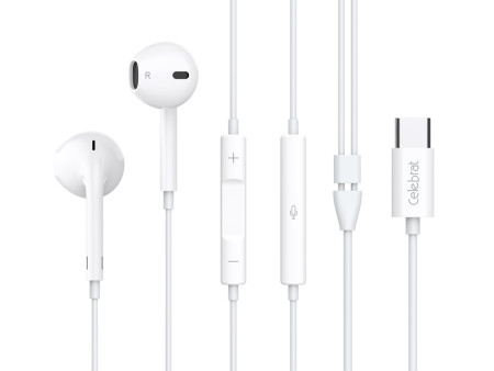 CELEBRAT earphones με μικρόφωνο E500, USB-C σύνδεση, Φ14mm, 1.2m, λευκά