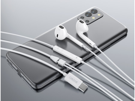 CELEBRAT earphones με μικρόφωνο E500, USB-C σύνδεση, Φ14mm, 1.2m, λευκά