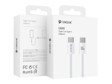 CELEBRAT καλώδιο USB-C U600, 60W, 480Mbps, 1m, λευκό