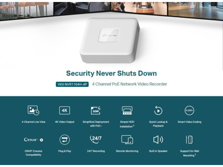 TP-LINK NVR καταγραφικό VIGI NVR1104H-4P, 8MP, 4 κανάλια PoE+, Ver. 1.0