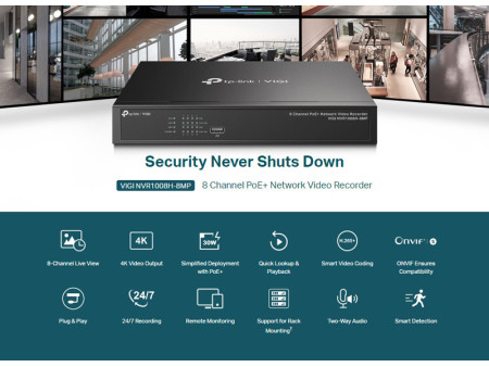 TP-LINK NVR καταγραφικό VIGI NVR1008H-8MP, 8MP, 8 κανάλια PoE, Ver. 1.0