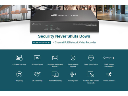 TP-LINK NVR καταγραφικό VIGI NVR1004H-4P, 8MP, 4 κανάλια PoE, Ver. 1.0