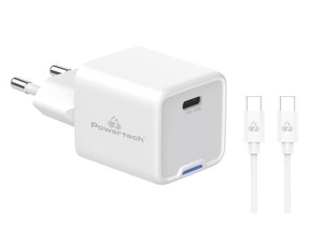 POWERTECH φορτιστής τοίχου PT-1225 με καλώδιο, USB-C, 33W, GaN, λευκός