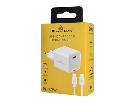 POWERTECH φορτιστής τοίχου PT-1225 με καλώδιο, USB-C, 33W, GaN, λευκός