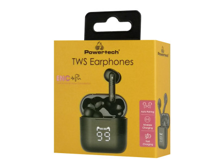 POWERTECH earphones με θήκη φόρτισης PT-1227, TWS, ENC, 30/480mAh, μαύρα