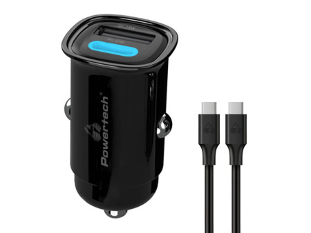 POWERTECH φορτιστής αυτοκινήτου PT-1229, καλώδιο, USB/USB-C, 30W, μαύρος