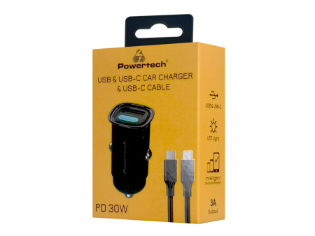 POWERTECH φορτιστής αυτοκινήτου PT-1229, καλώδιο, USB/USB-C, 30W, μαύρος