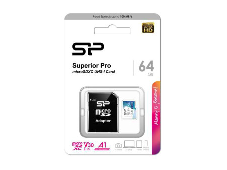 SILICON POWER κάρτα μνήμης microSDXC Superior Pro, 64GB, Class 10 UHS-I U3 A1 V30