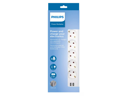 PHILIPS πολύπριζο SPN3052WA, 5x schuko 16A, 2x USB 2.4A, 2m, λευκό