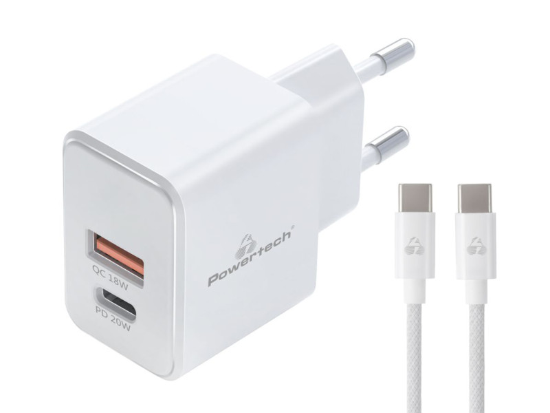 POWERTECH φορτιστής τοίχου PT-1248, καλώδιο, USB/USB-C, 20W, GaN, λευκός