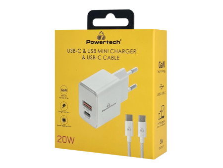 POWERTECH φορτιστής τοίχου PT-1248, καλώδιο, USB/USB-C, 20W, GaN, λευκός