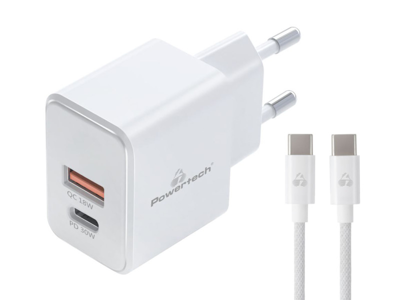 POWERTECH φορτιστής τοίχου PT-1249, καλώδιο, USB/USB-C, 30W, GaN, λευκός