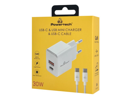 POWERTECH φορτιστής τοίχου PT-1249, καλώδιο, USB/USB-C, 30W, GaN, λευκός