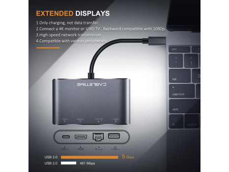 CABLETIME docking station CMHD41, 4 θυρών, USB-C, 20V/3A PD, 4K, γκρι