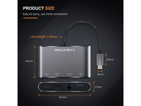 CABLETIME docking station CMHD41, 4 θυρών, USB-C, 20V/3A PD, 4K, γκρι