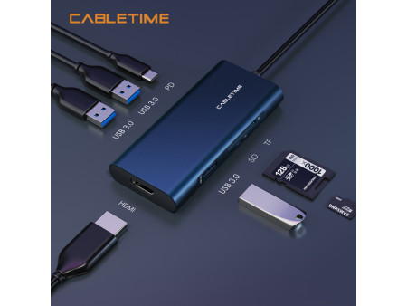 CABLETIME docking station CMHD71, 7 θυρών, USB-C, 100W, 4K, μπλε