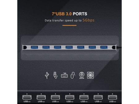 CABLETIME USB hub CT-HUB7, 7x θυρών, 5Gbps, USB-C σύνδεση, γκρι