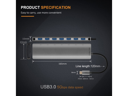 CABLETIME USB hub CT-HUB7, 7x θυρών, 5Gbps, USB-C σύνδεση, γκρι