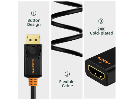 CABLETIME αντάπτορας DisplayPort σε HDMI CT-01G, 1080p, 0.2m, μαύρος