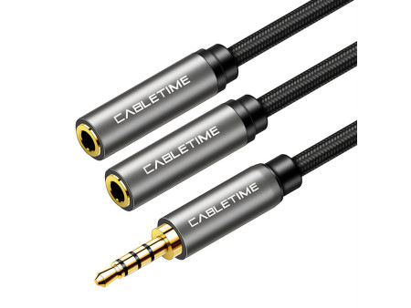 CABLETIME καλώδιο ήχου 3.5mm σε 2x 3.5mm CT-P12G4P, 4-pole, 20cm, μαύρο