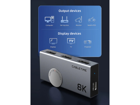 CABLETIME HDMI switch CT-HS8K2-AG, 2 σε 1, 8K/60Hz, 4K/120Hz, γκρι