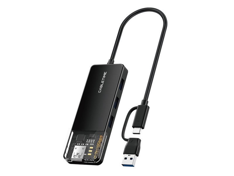 CABLETIME USB hub CT-HUBT5-PB, 4x θυρών, 10Gbps, USB/USB-C σύνδεση, μαύρο