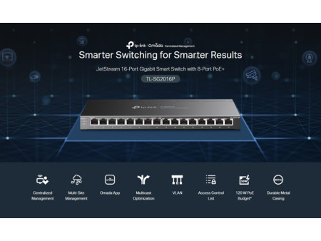 TP-LINK JetStream switch TL-SG2016P, 16-Port Gigabit, 8x PoE+, Ver. 1.0