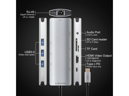 CABLETIME docking station CT-CMHD91, 9 θυρών, USB-C σύνδεση, 4K, 100W, γκρι