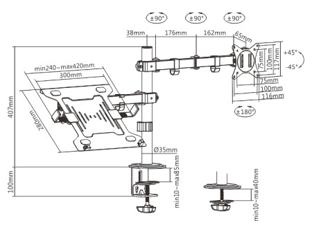 BRATECK βάση γραφείου LDT66-C024ML για οθόνη 17"-32" & laptop, έως 9kg