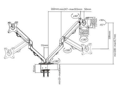 BRATECK βάση γραφείου LDT45-C024 για 2 οθόνες 17"-27", έως 7kg ανά οθόνη