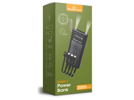 POWERTECH ηλιακό power bank PT-1084 με καλώδια & οθόνη, 20000mAh, μαύρο