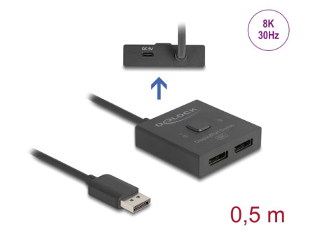 DELOCK DisplayPort switch 18906, 2 σε 1, bidirectional, 8K/30Hz, μαύρο