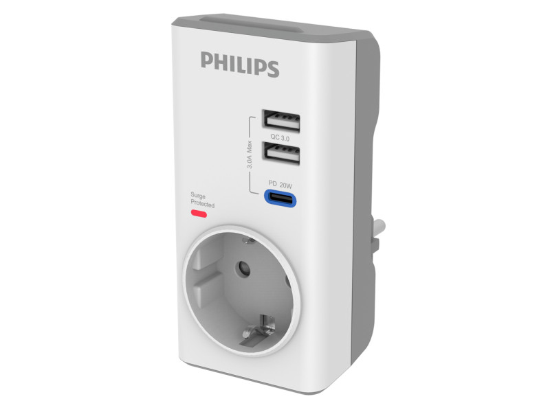 PHILIPS αντάπτορας ρεύματος CHP8010W/10, 1 θέση, USB-C/USB, 380J, λευκός