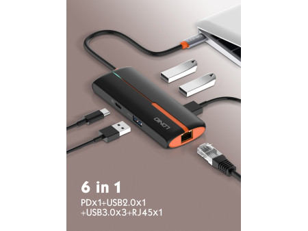 LDNIO USB hub DS-26U με θύρα δικτύου, 6 θυρών, USB-C σύνδεση, 100W PD, λευκό