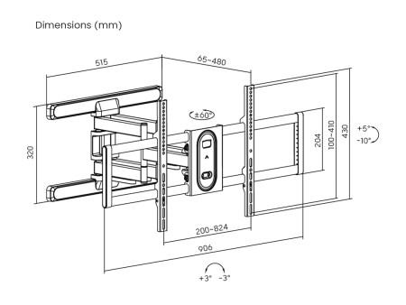 POWERTECH επιτοίχια βάση PT-1280 για τηλεόραση 43-100", full motion, 60kg