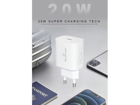 POWERTECH φορτιστής τοίχου PT-1091, USB-C, PD 20W, λευκός