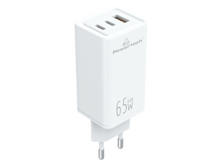 POWERTECH φορτιστής τοίχου PT-1094, USB & 2x USB-C, 65W, GaN, λευκός