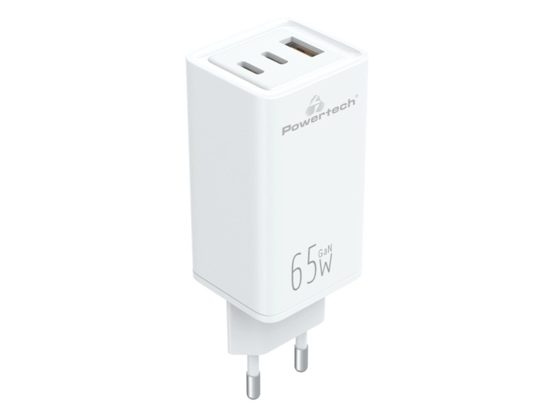 POWERTECH φορτιστής τοίχου PT-1094, USB & 2x USB-C, 65W, GaN, λευκός