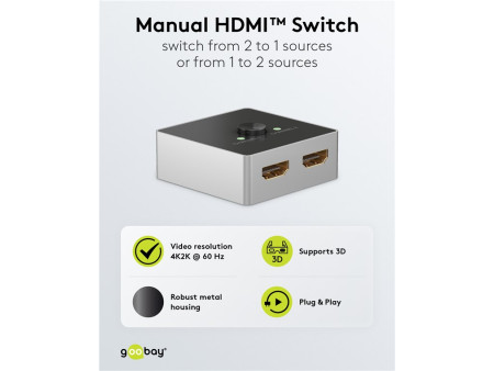 GOOBAY HDMI switch 58486, 2-in σε 1-out, 4K/60Hz, μαύρο