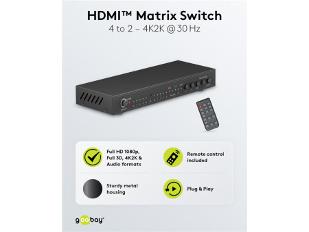 GOOBAY HDMI matrix switch 58478, τηλεχειριστήριο, 4 σε 2, 4K/30Hz, μαύρο