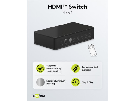 GOOBAY HDMI switch 58489 με τηλεχειριστήριο, 4 σε 1, 4K/60Hz, μαύρο