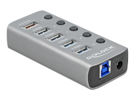 DELOCK USB hub 63262 με διακόπτες, 5x θυρών, 5Gbps, 2.4A, γκρι